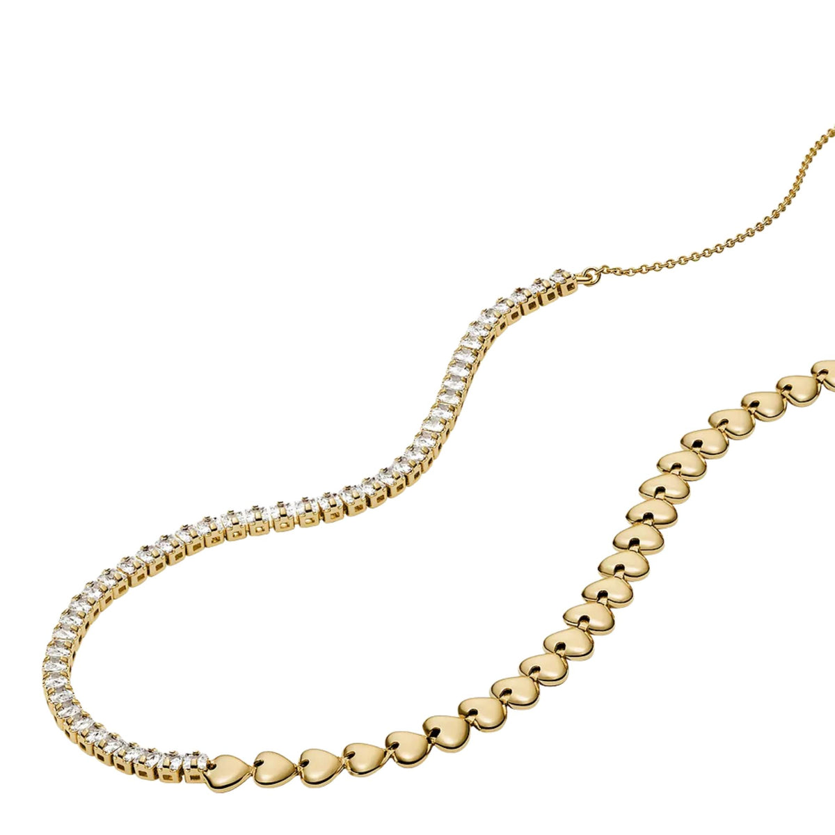 Fossil gold-tone heart link tennis necklace with clear stone accents