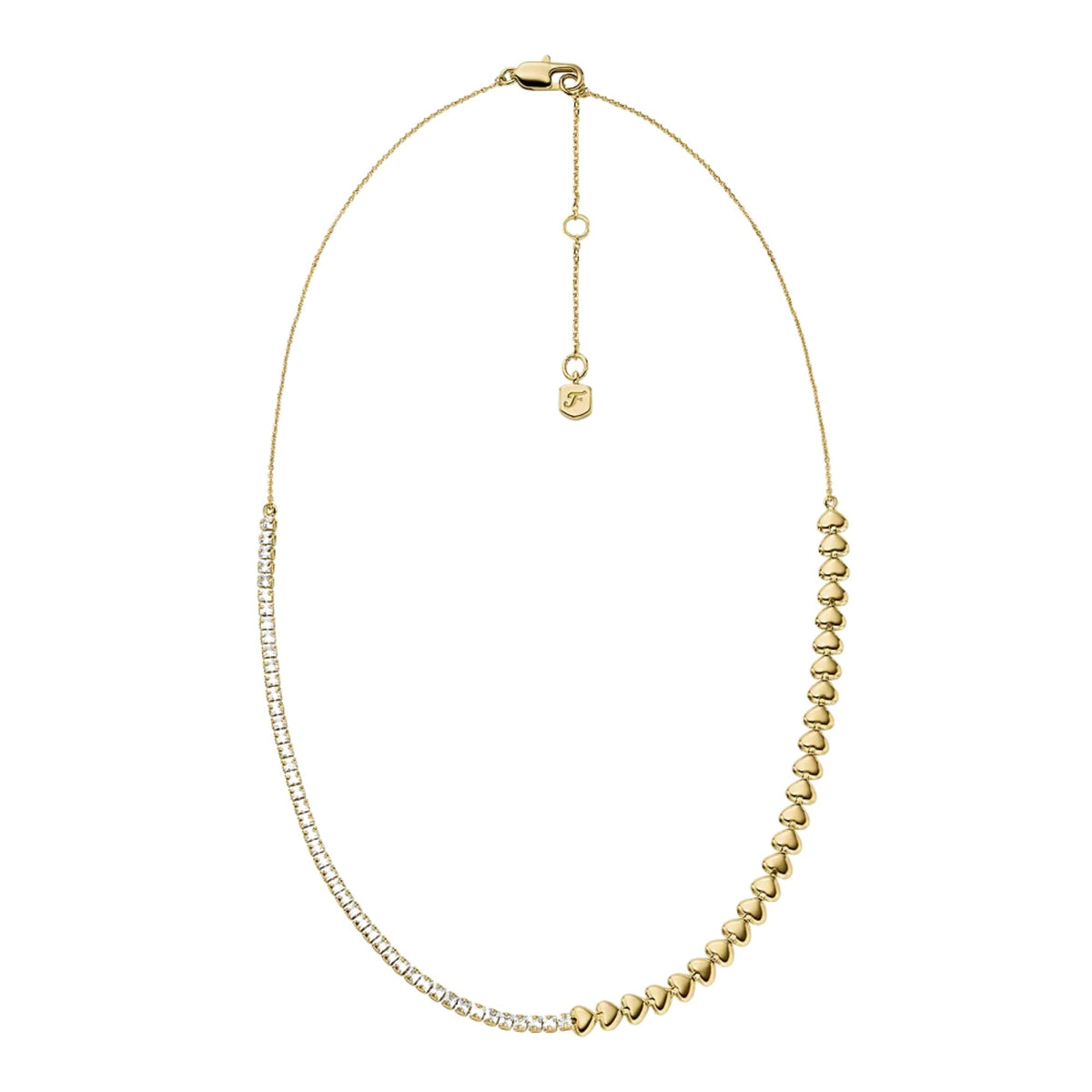 Fossil gold-tone brass heart link tennis necklace with clasp extender