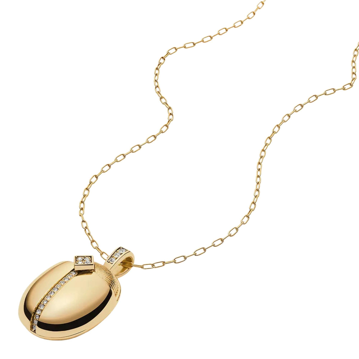 Gold-tone chain necklace with oval round pendant featuring crystal trim and center stone
