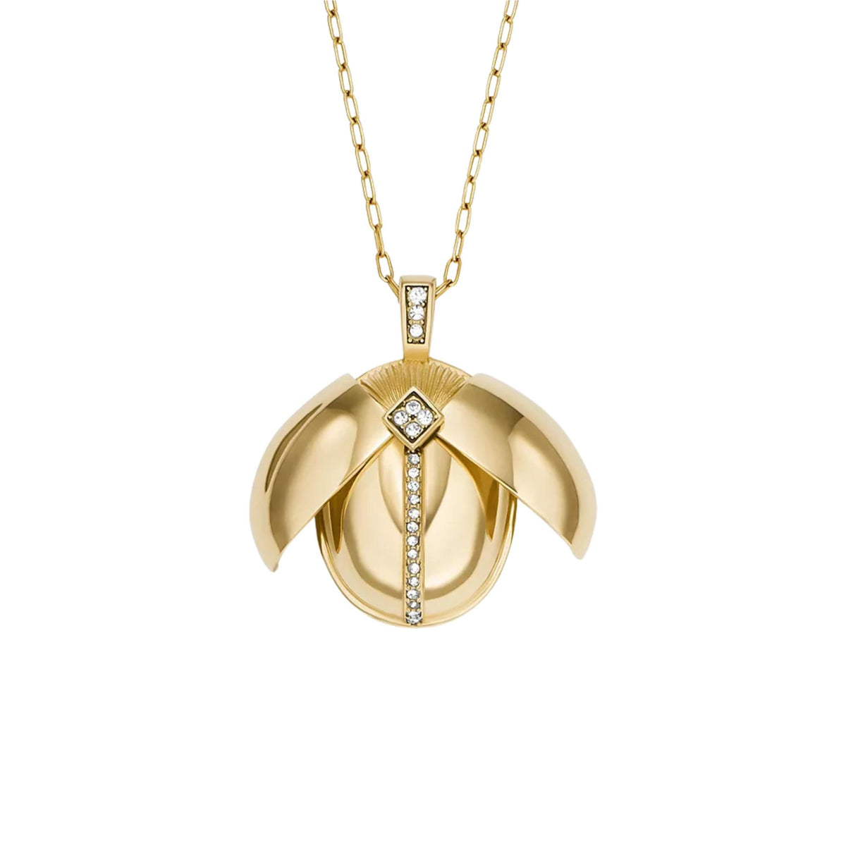 Gold-tone pendant necklace with round scalloped charm and crystal stones at top center