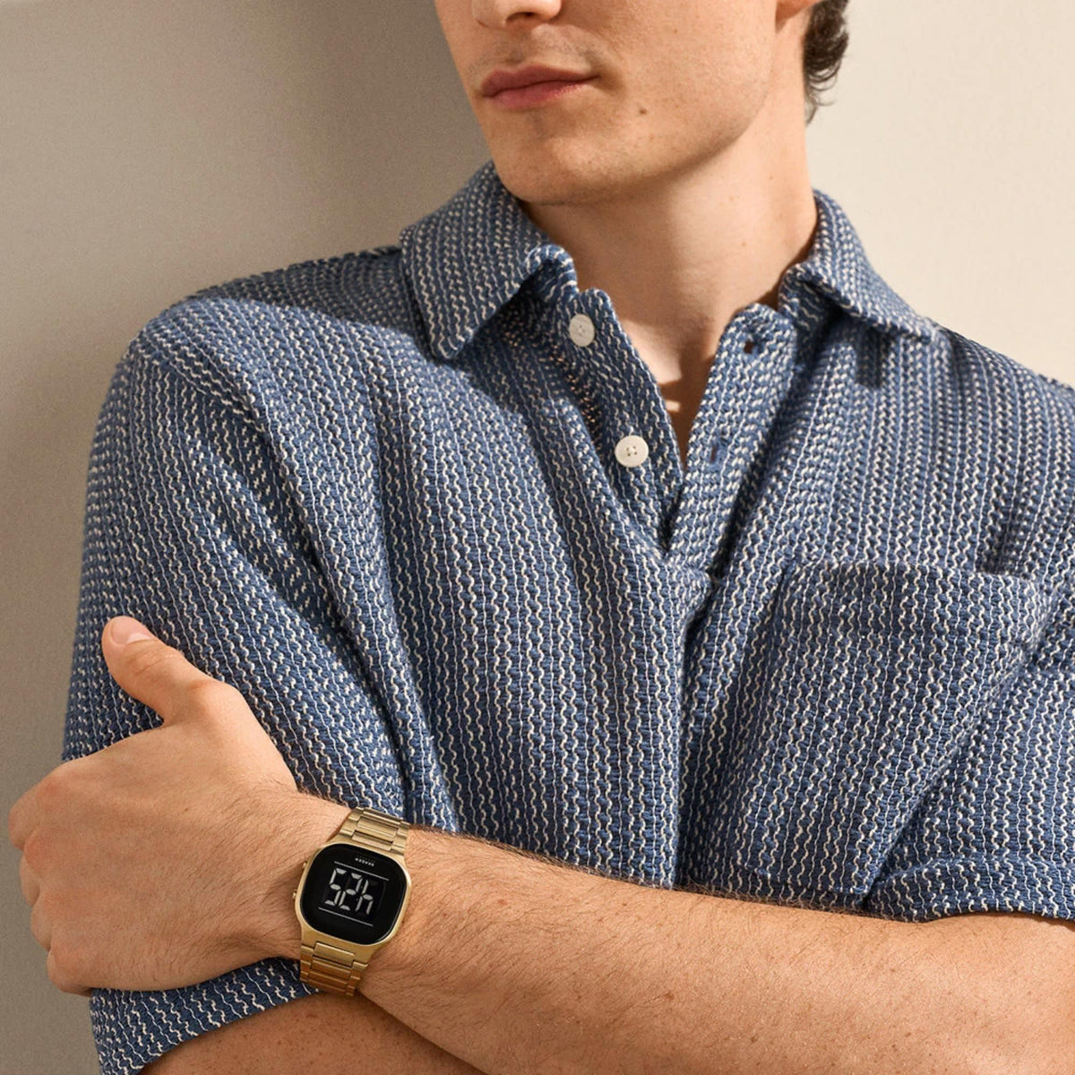 Skagen Mellem SKW6949 Gold-Tone Digital Watch Worn with Blue Patterned Shirt