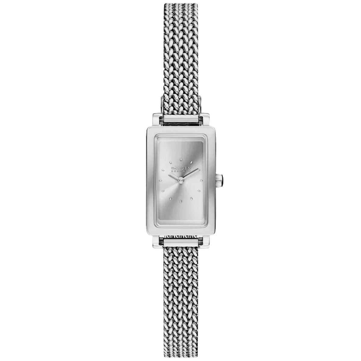Rectangular silver steel quartz watch with silver dial and mesh bracelet
