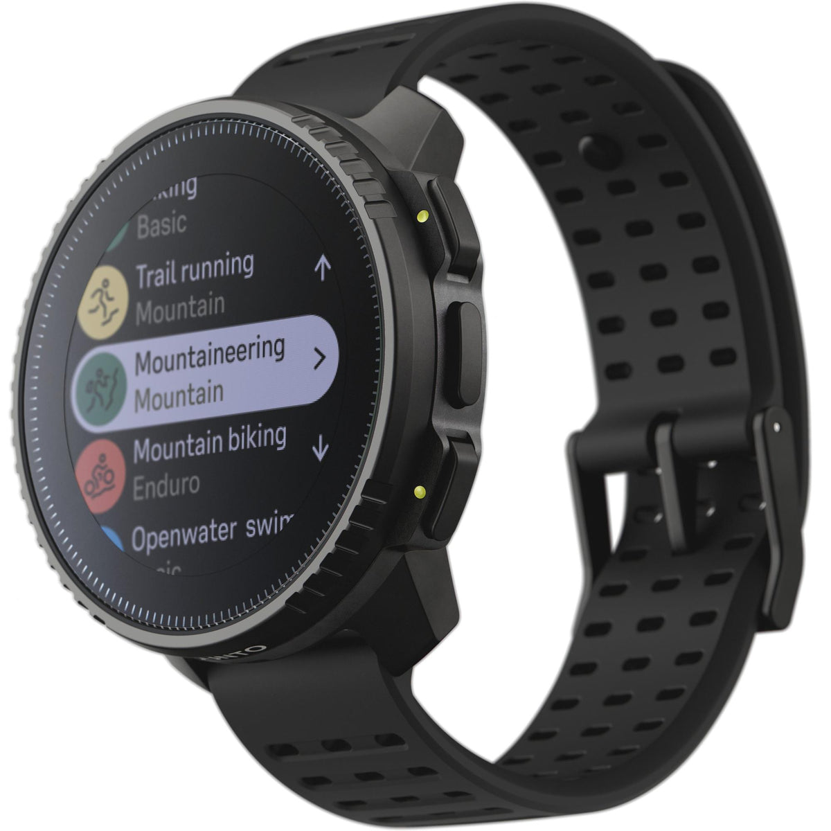 Suunto Vertical SS050862000 All Black Digital Silicone Smart Watch angled perspective showing sports mode activity menu