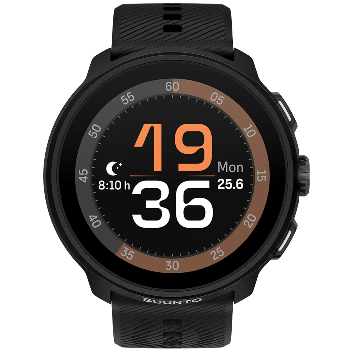 Suunto Run SS051272000 front view displaying digital time interface and black silicone strap