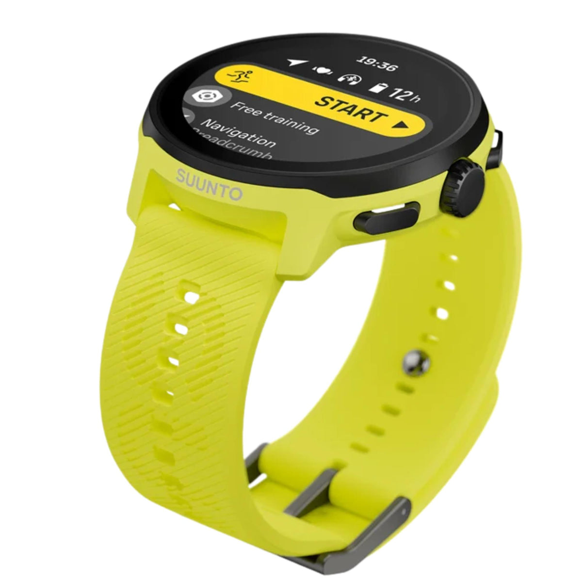 Angle view showcasing a training selection interface on the screen with a prominent yellow "START" button