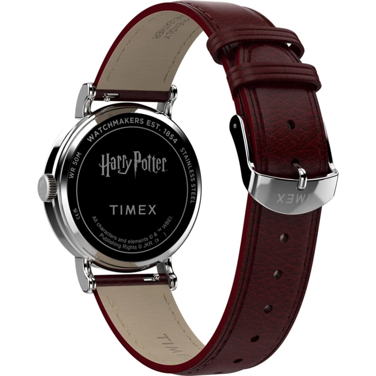 Men's quartz watch caseback with Harry Potter and TIMEX text, burgundy leather strap