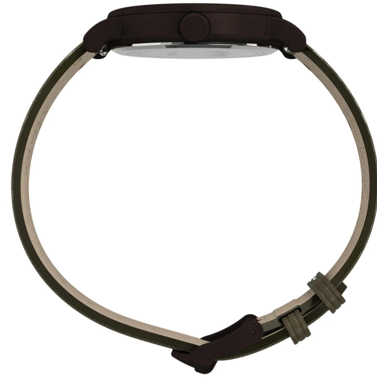 Timex Weekender TW2Y77000 watch case side view with brown leather strap and buckle