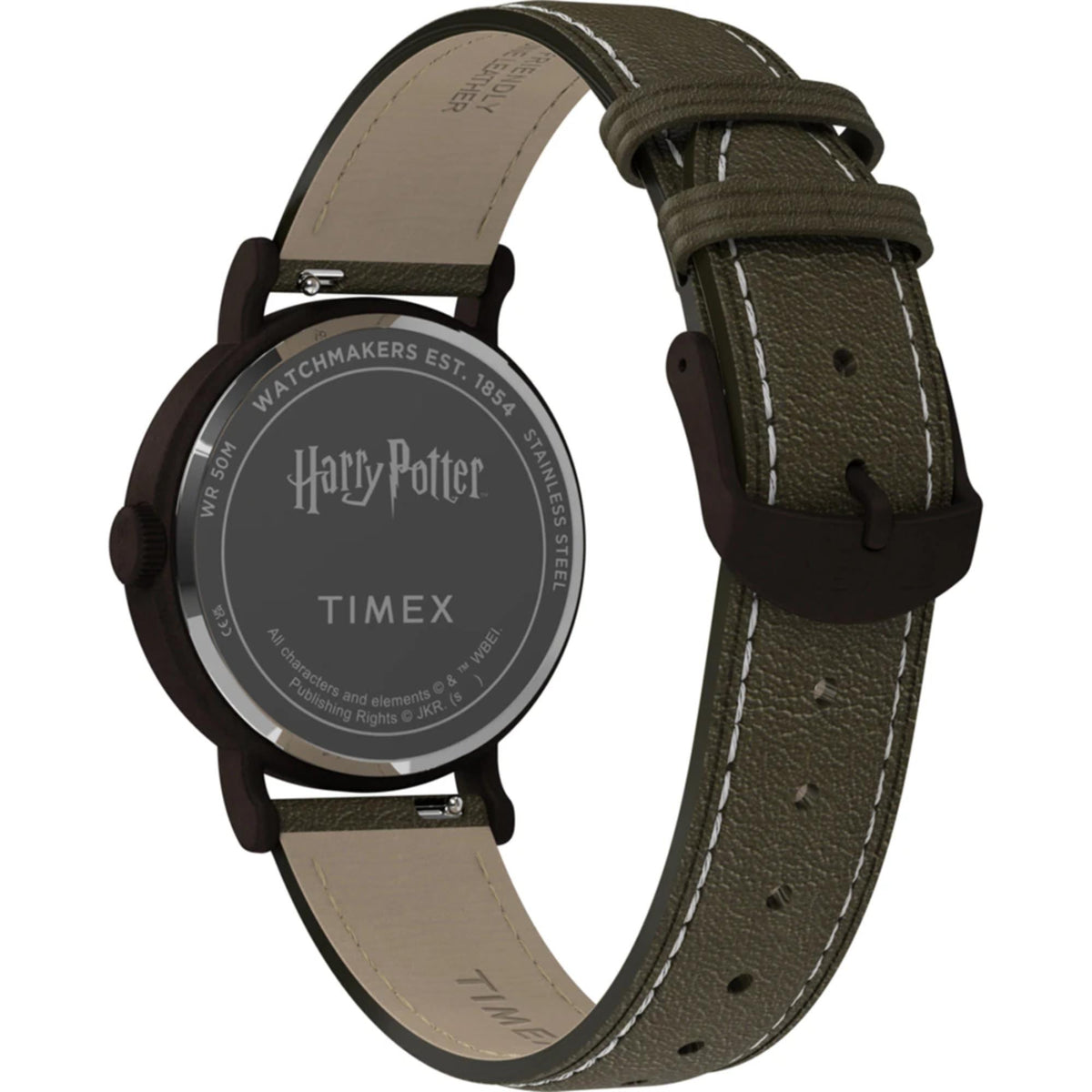 Timex Weekender quartz wristwatch with engraved case back and brown leather strap with stitched holes