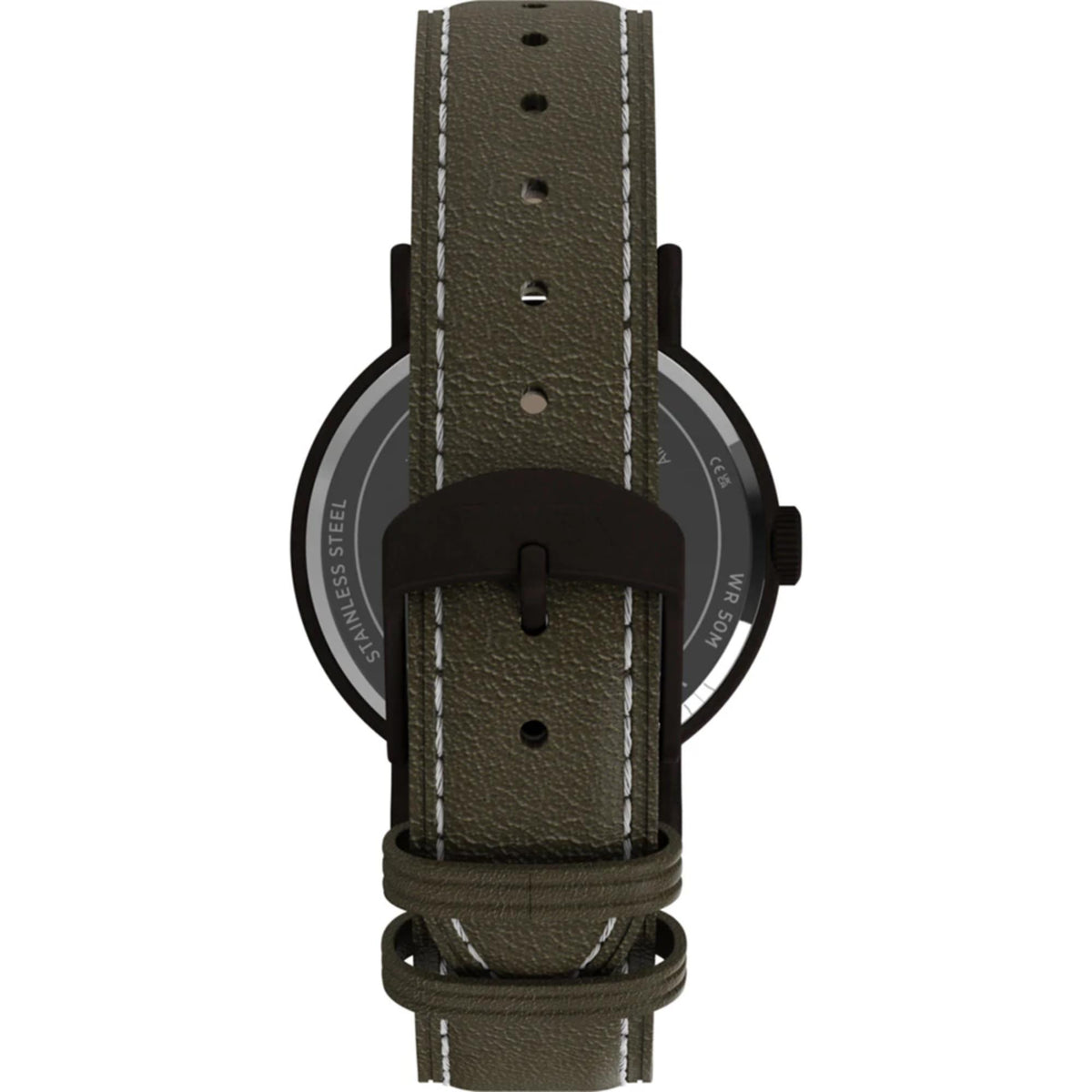 Timex Weekender TW2Y77000 Quartz watch with brown leather strap, side crown, and clasp view