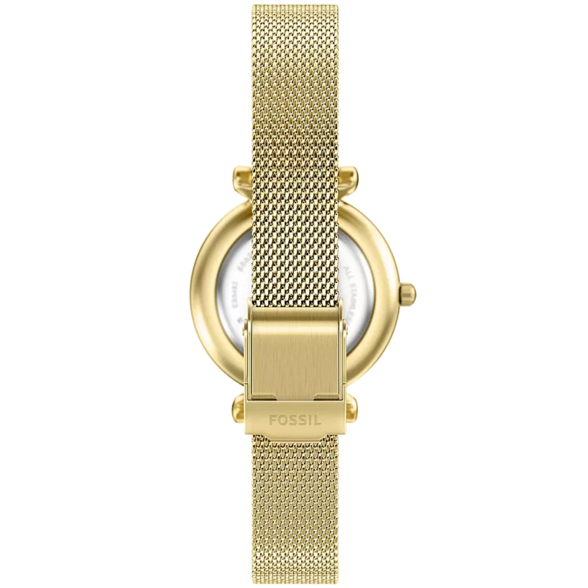 Fossil Carlie ES5462 back view displaying stainless steel case back and branded clasp closure