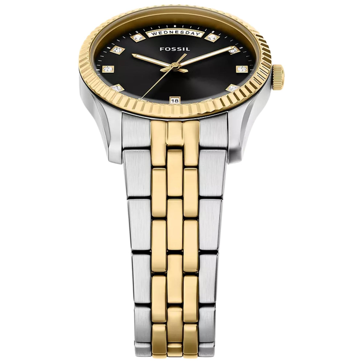 Angled top view of the Fossil Scarlette ES5458 round watch focusing on the black dial, gold-tone fluted bezel, and link bracelet