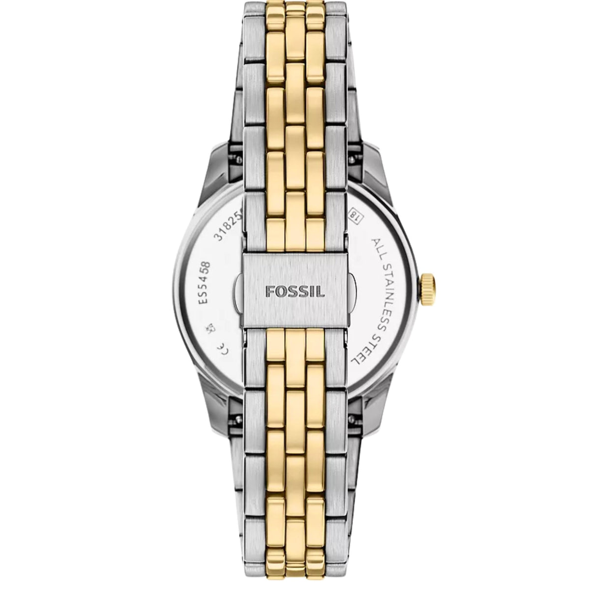 Flat back view of the Fossil Scarlette ES5458 watch displaying the two-colour multi-link band and branded folding buckle