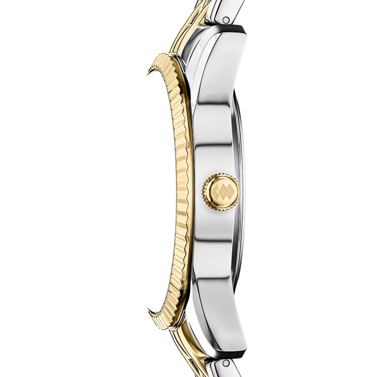 Profile side view of the Fossil Scarlette ES5458 quartz watch showing the slim case and gold-tone winding crown