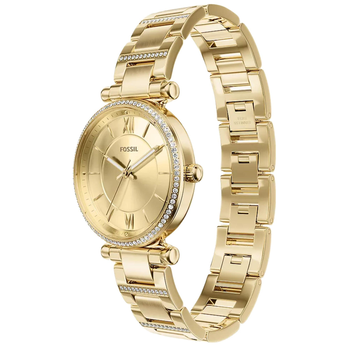 Three-quarter angled view of the Fossil Carlie ES5465 gold-tone stainless steel bracelet watch showcasing the crystal-embellished bezel