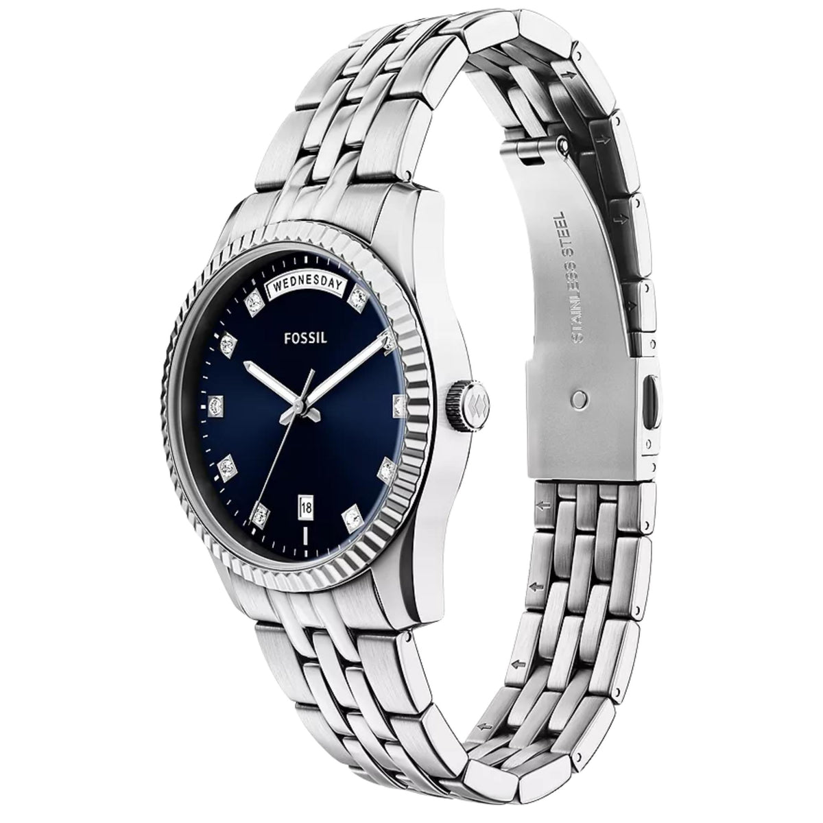 Angled view of the Fossil Scarlette ES5457 timepiece showcasing the fluted bezel, crystal index markers, blue dial, and stainless steel link bracelet