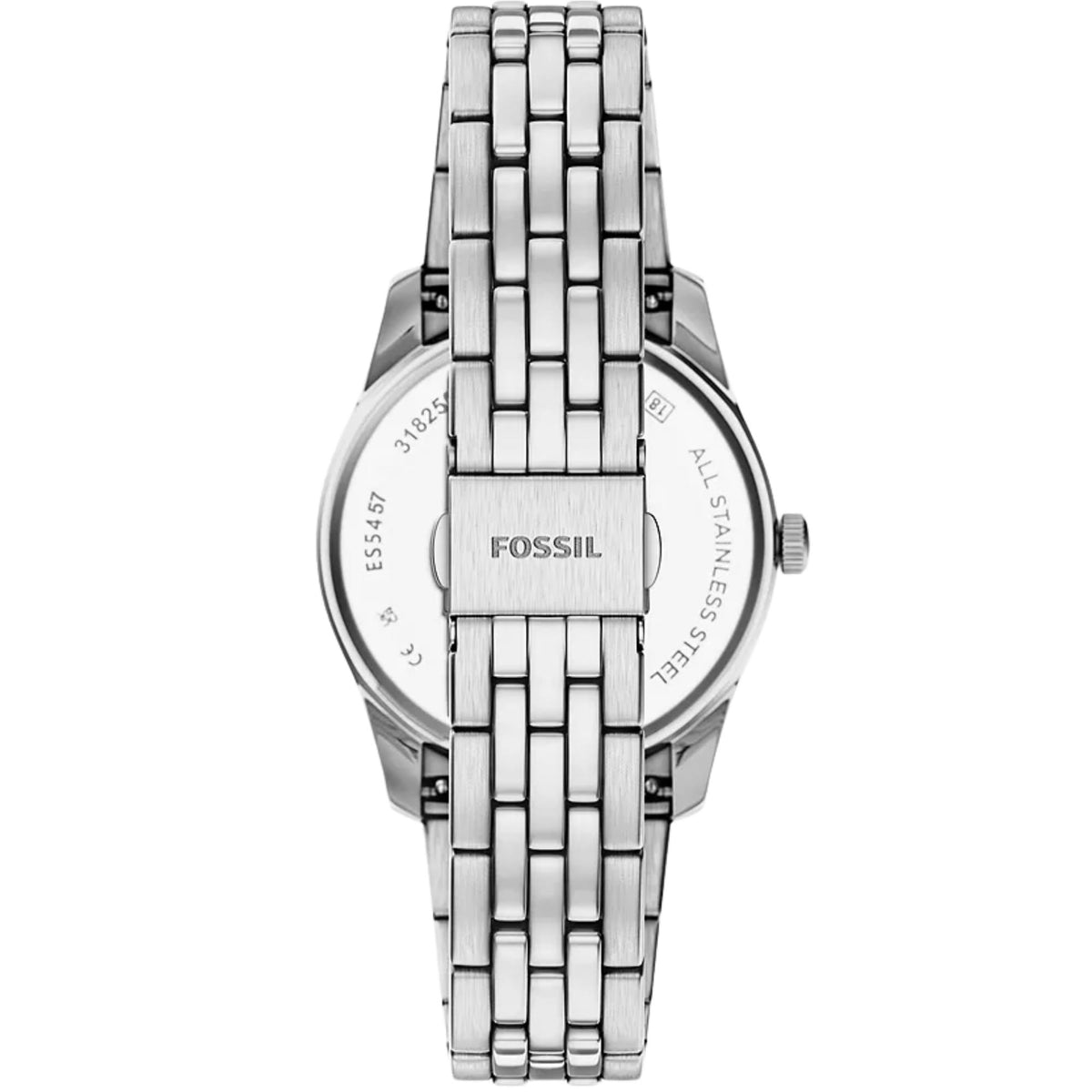 Back view of the Fossil Scarlette ES5457 timepiece detailing the solid steel case back, link bracelet, and branded folding clasp