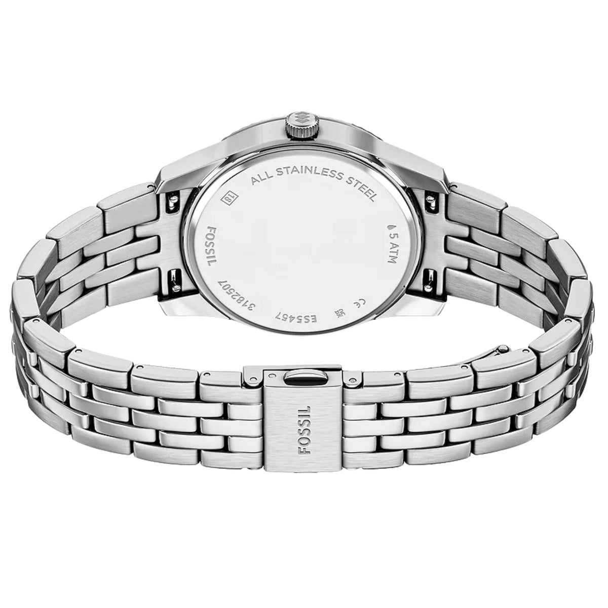 Rear angle of the Fossil Scarlette ES5457 watch showing the stainless steel case back specifications and deployment clasp