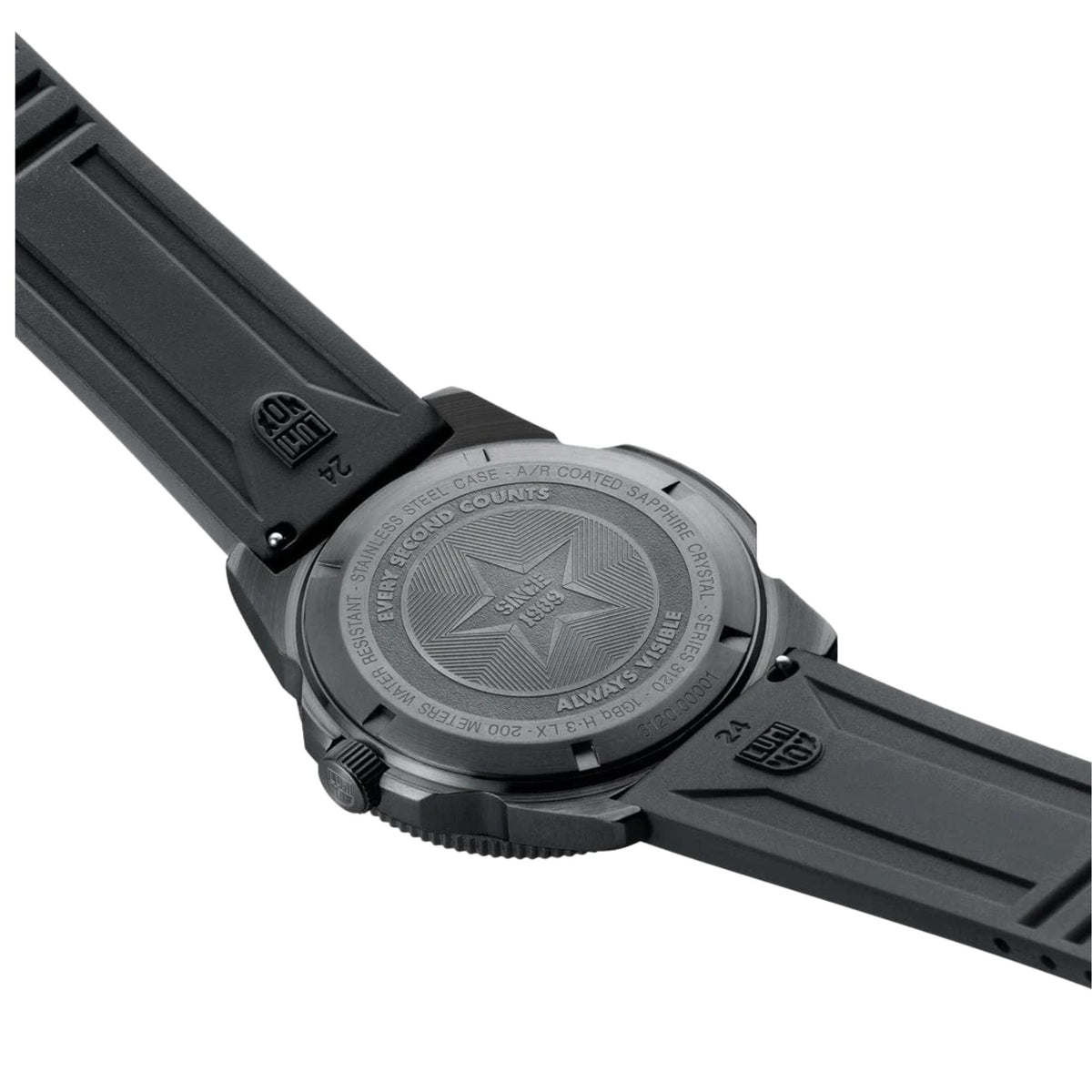 Luminox diver watch caseback on black rubber strap