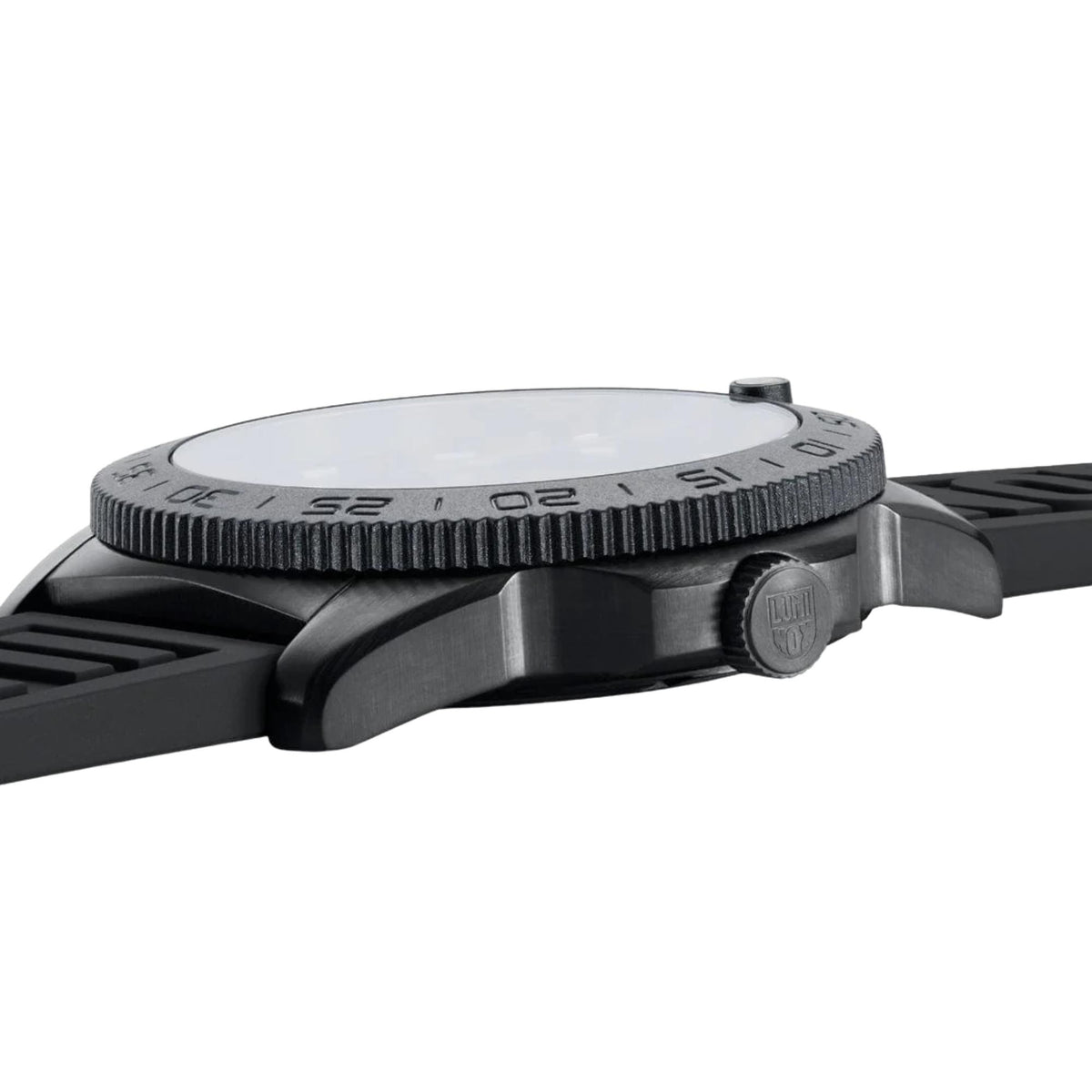 Luminox diver watch side profile with crown and ridged bezel ring