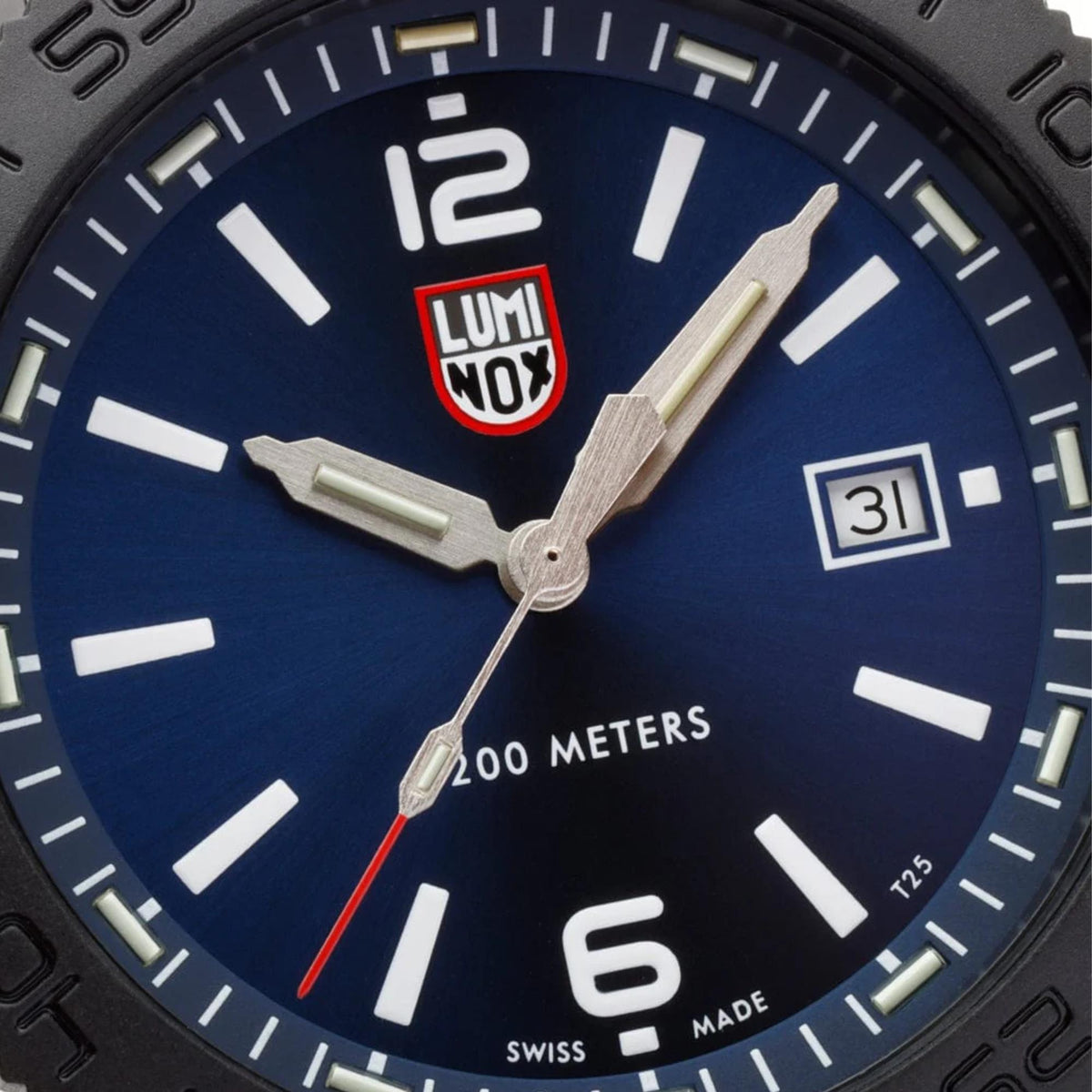 Close-up of Luminox Pacific Diver 44mm blue dial quartz watch with date window