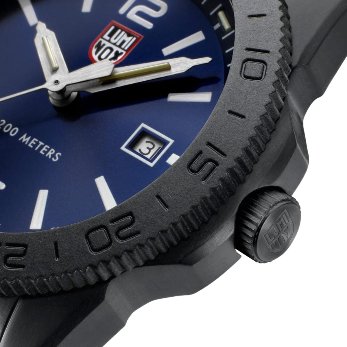 Luminox Pacific Diver 44mm blue dial quartz watch showing textured bezel and crown