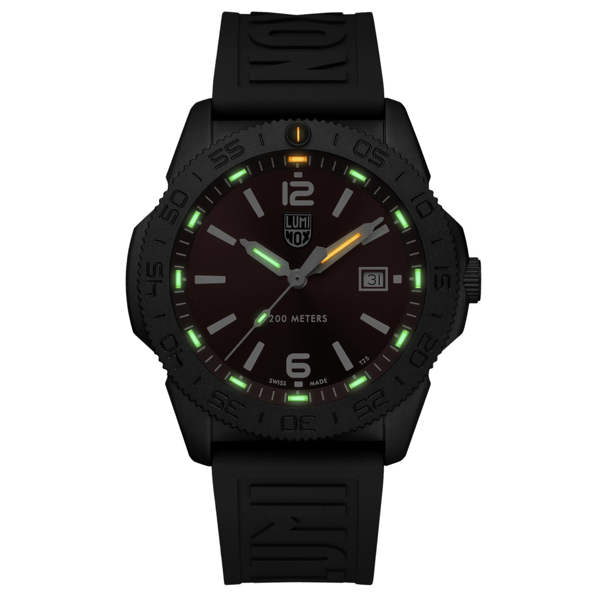 Pacific Diver 44mm quartz diver watch, dark dial with green lume, black rubber strap