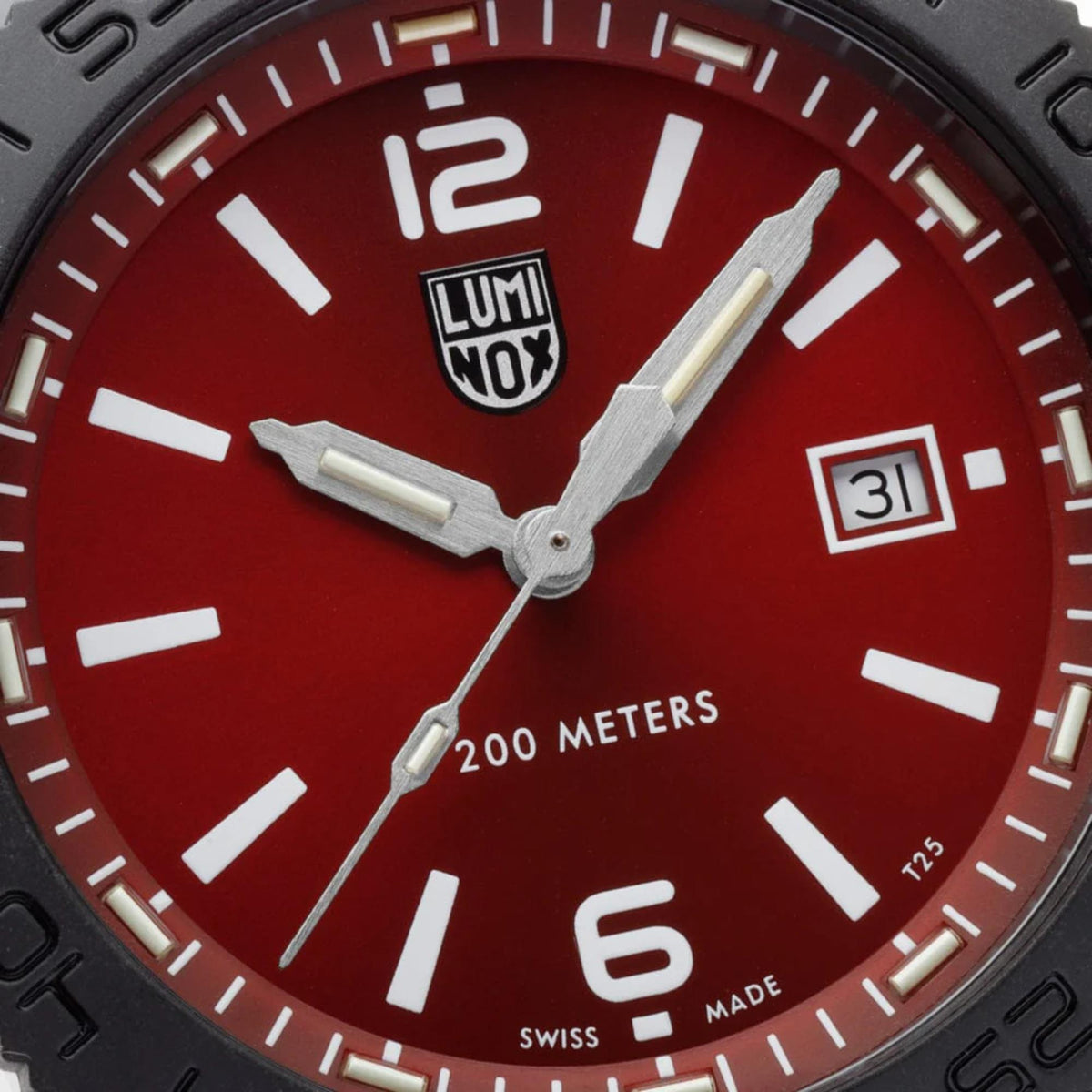 Pacific Diver 44mm quartz diver watch close-up, red dial with lume hands and date