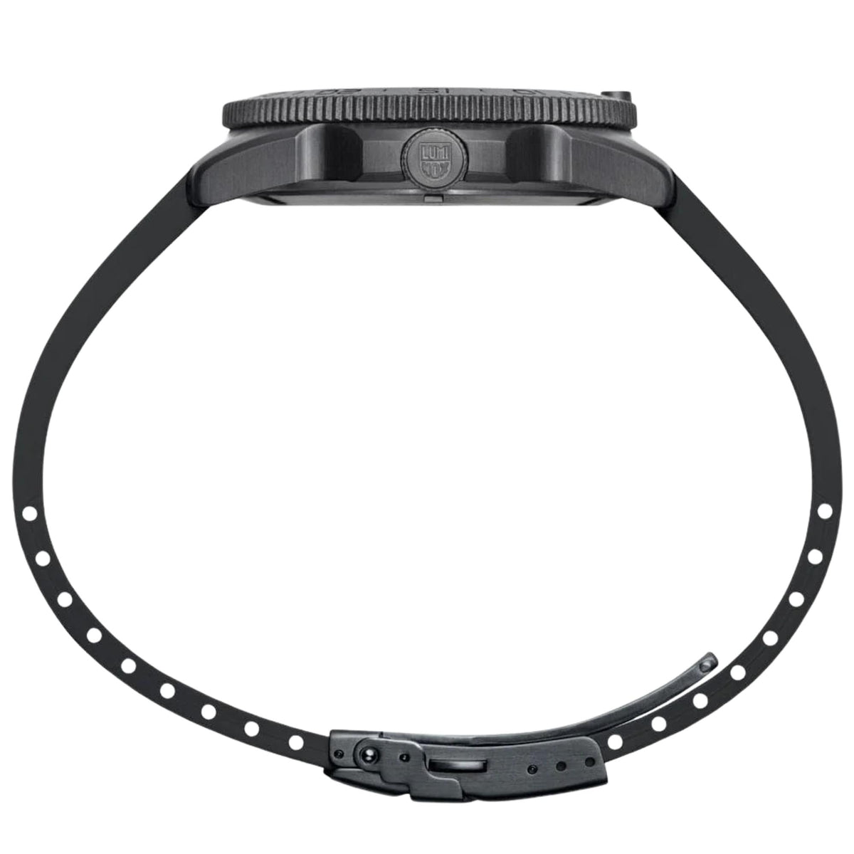 Pacific Diver 44mm quartz diver watch, black rubber band with buckle and hole details
