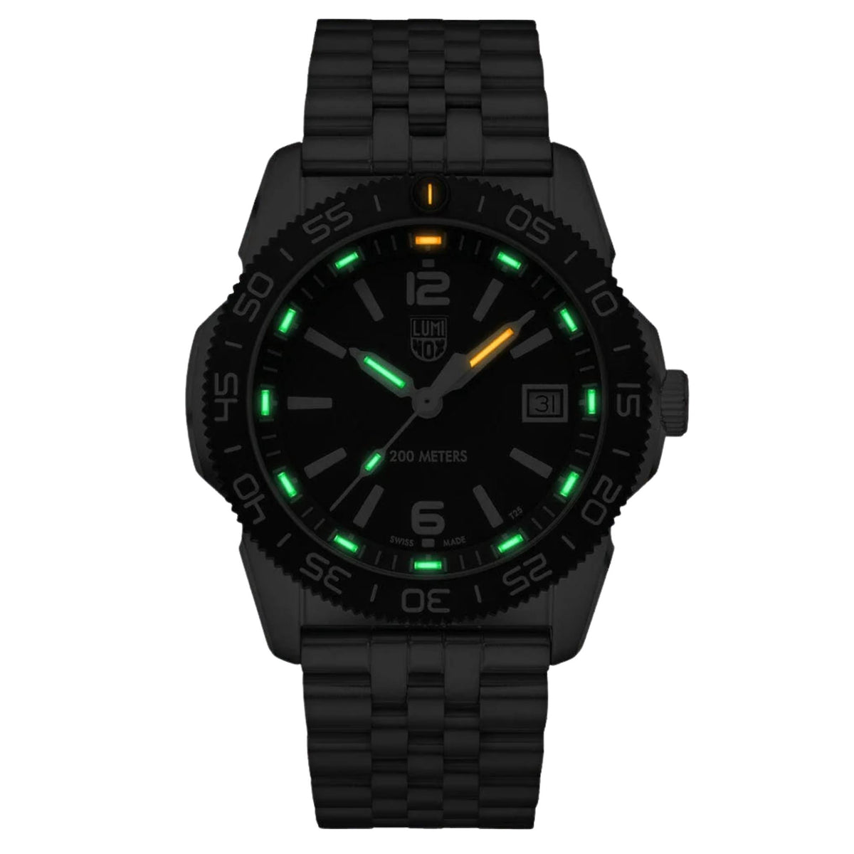 Men's black dial dive watch with black steel bracelet, luminous markers, date window