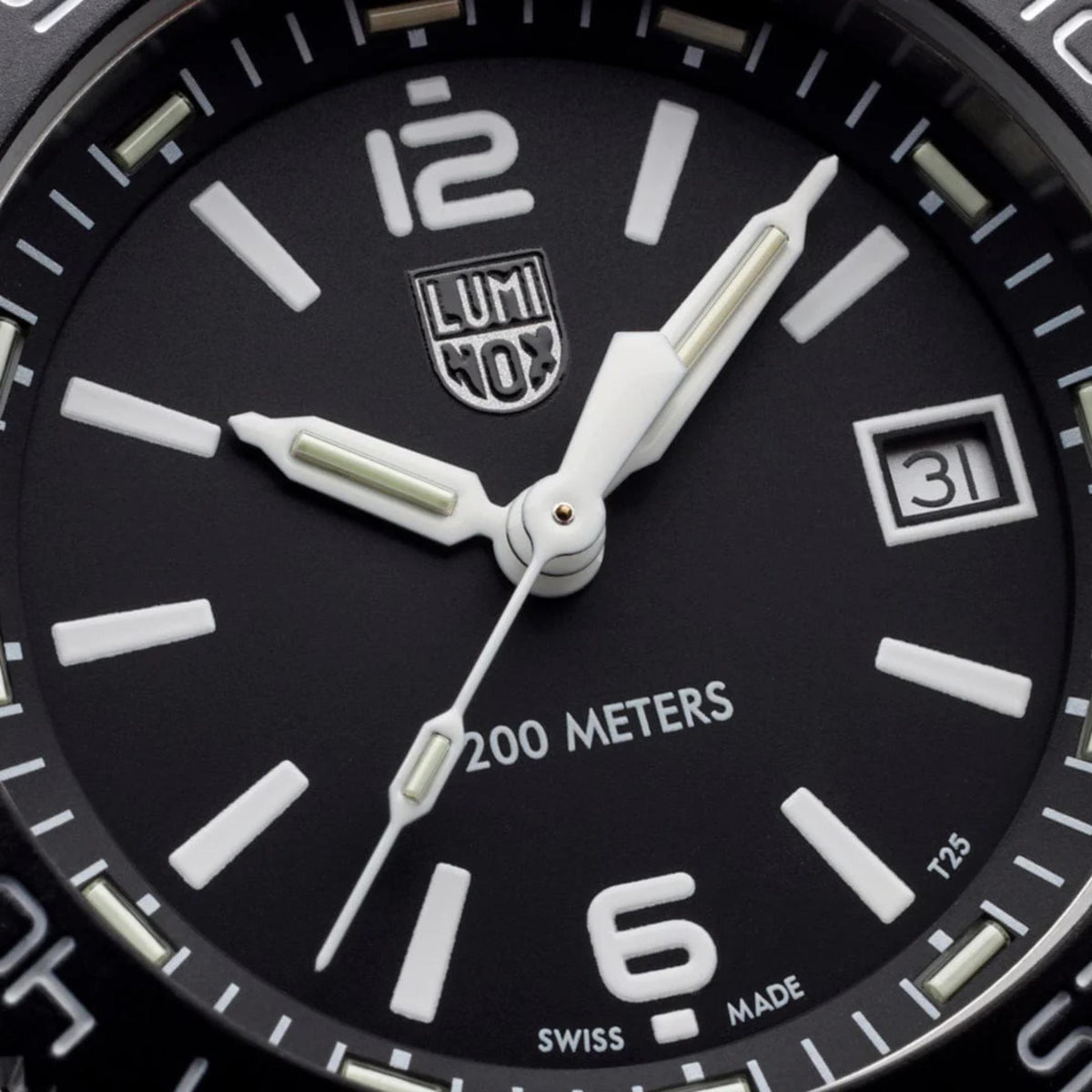 Black dial face with luminous hour markers, sword hands, and date display at 3 o'clock