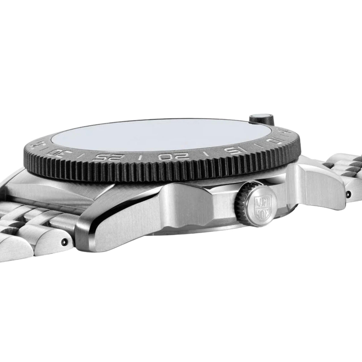 Stainless steel diver watch case with ridged bezel and crown, side view