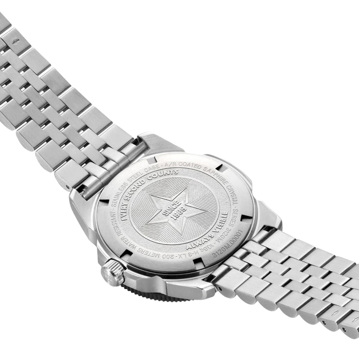 Stainless steel watch with linked bracelet, engraved case back detail, and push-button crown