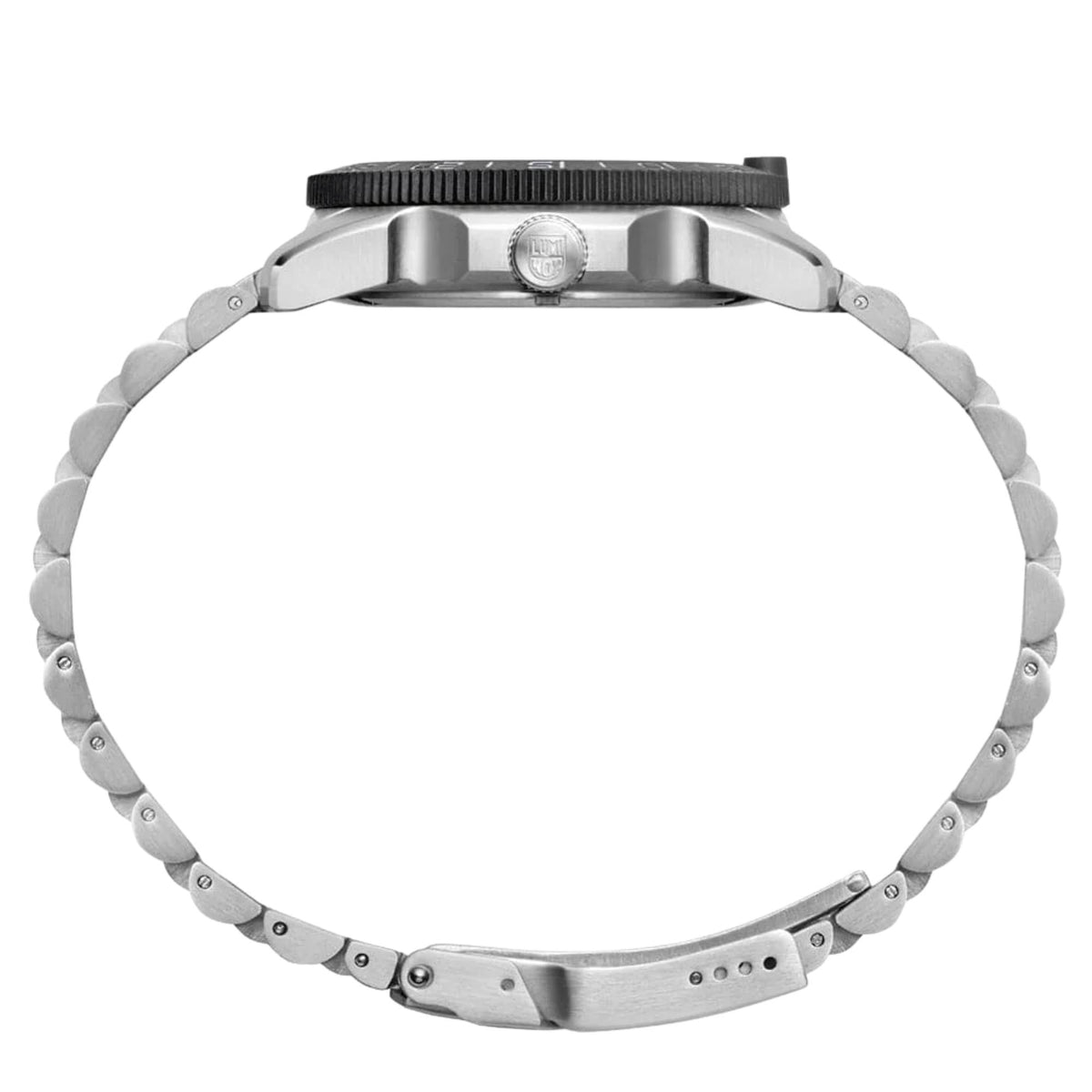 Stainless steel diver watch case back with ridged bezel teeth and engraved emblem