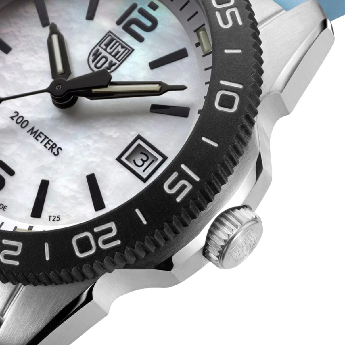 Luminox Pacific Diver XS.3124M textured black bezel and crown close up