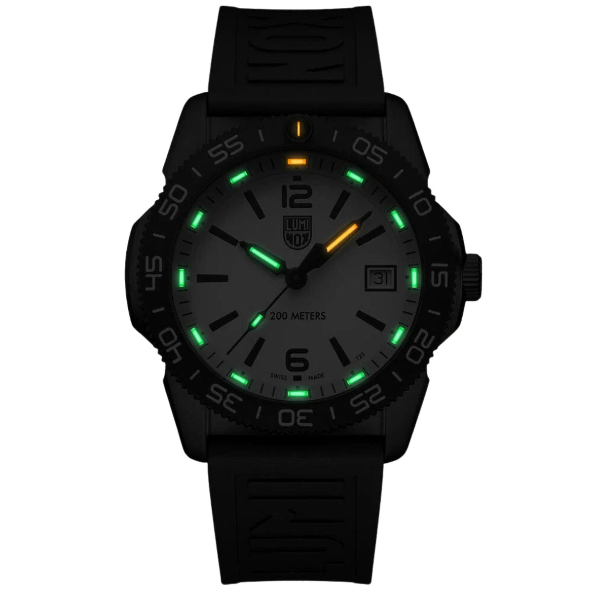 Direct dark studio view of the Luminox Pacific Diver XS.3127M with night sight illumination on hands and hour markers