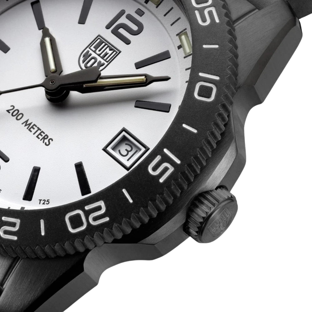 Close-up perspective of the black textured bezel and screw-down crown on the Luminox Pacific Diver XS.3127M