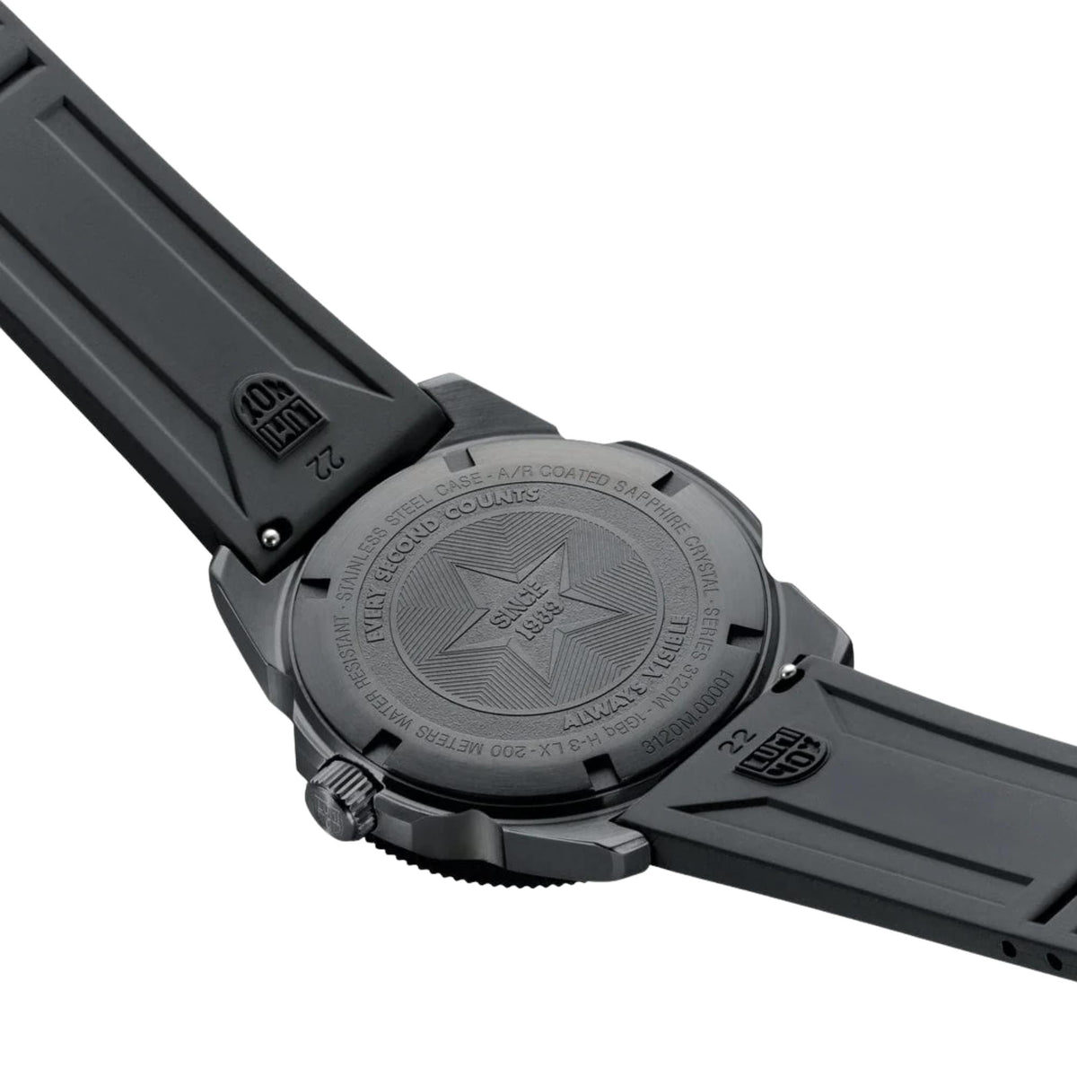 Back view of the Luminox Pacific Diver XS.3127M showing the engraved steel case back and rubber strap attachment