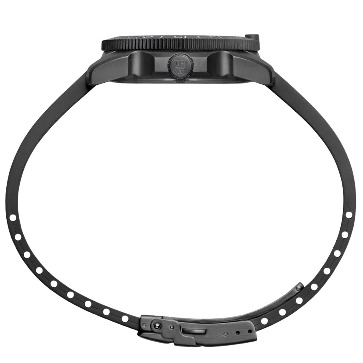Full side profile of the Luminox Pacific Diver XS.3127M showcasing the black stainless steel case, signed crown, and rubber strap with buckle