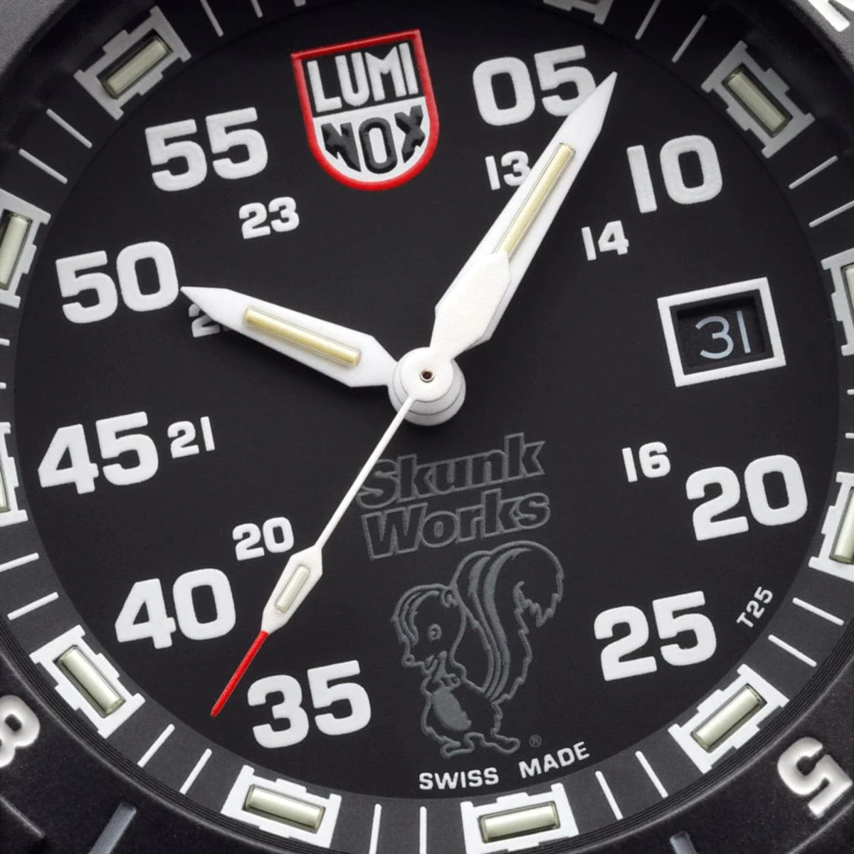 Macro detail shot showing the white hands, Skunk Works logo, and date aperture on the Luminox F-117 Nighthawk XA.6442.H