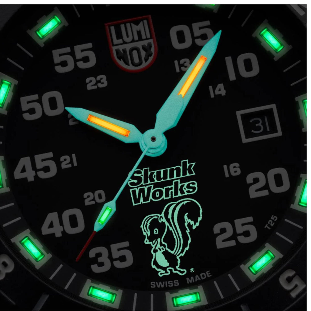 Extreme close-up of the glowing green tritium tubes and Skunk Works graphic on the Luminox F-117 Nighthawk XA.6442.H watch face