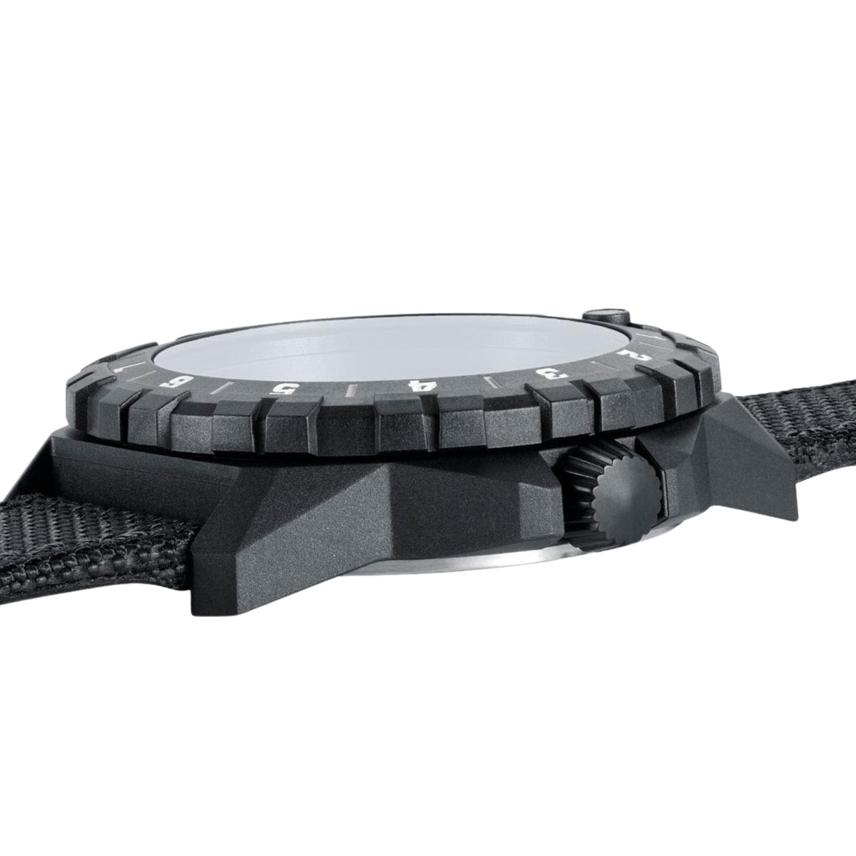 Side profile view showing the matte black case, textured bezel, and adjustment crown of the Luminox F-117 Nighthawk XA.6442.H