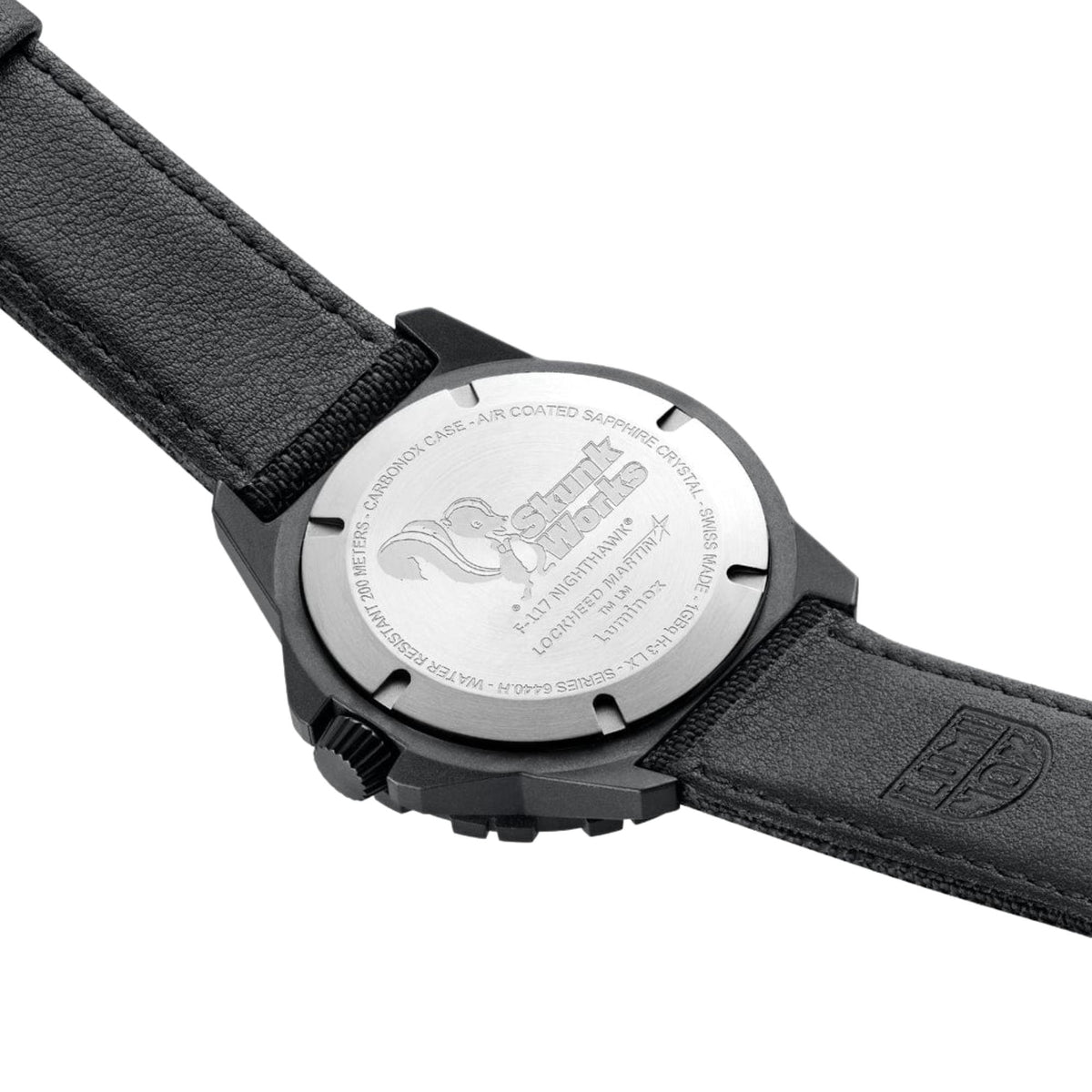 Stainless steel case back of the Luminox F-117 Nighthawk XA.6442.H engraved with the Lockheed Martin Skunk Works logo