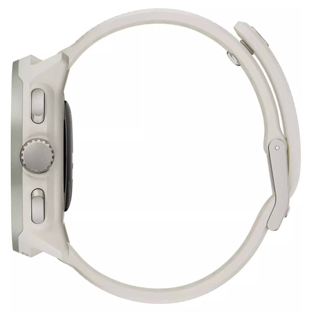Side profile view of the Suunto Run Frost Gray smart watch case showing the pushers, crown configuration, and circular shape of the fastened strap