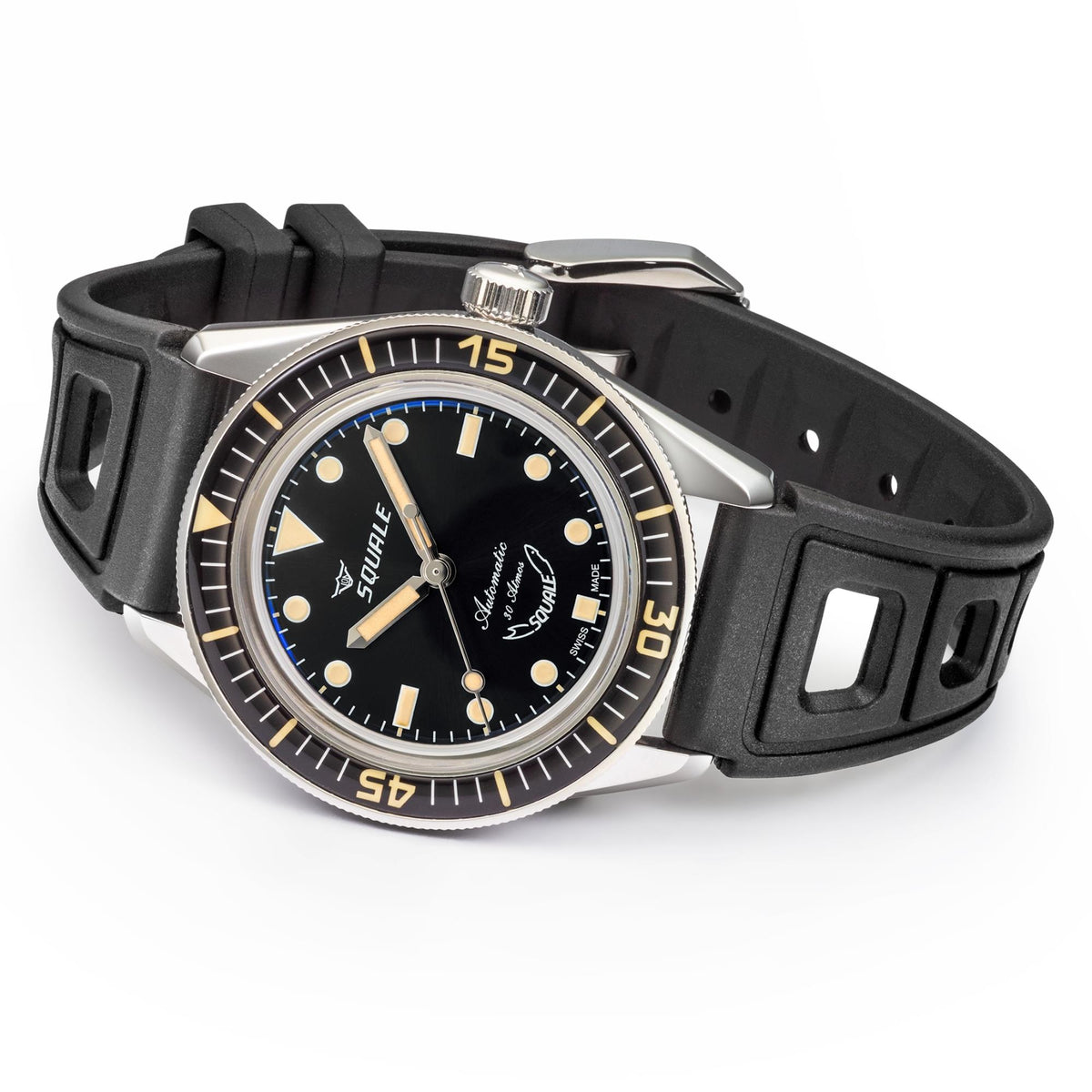 Men's black dial dive watch with black rubber strap and silver case, side profile