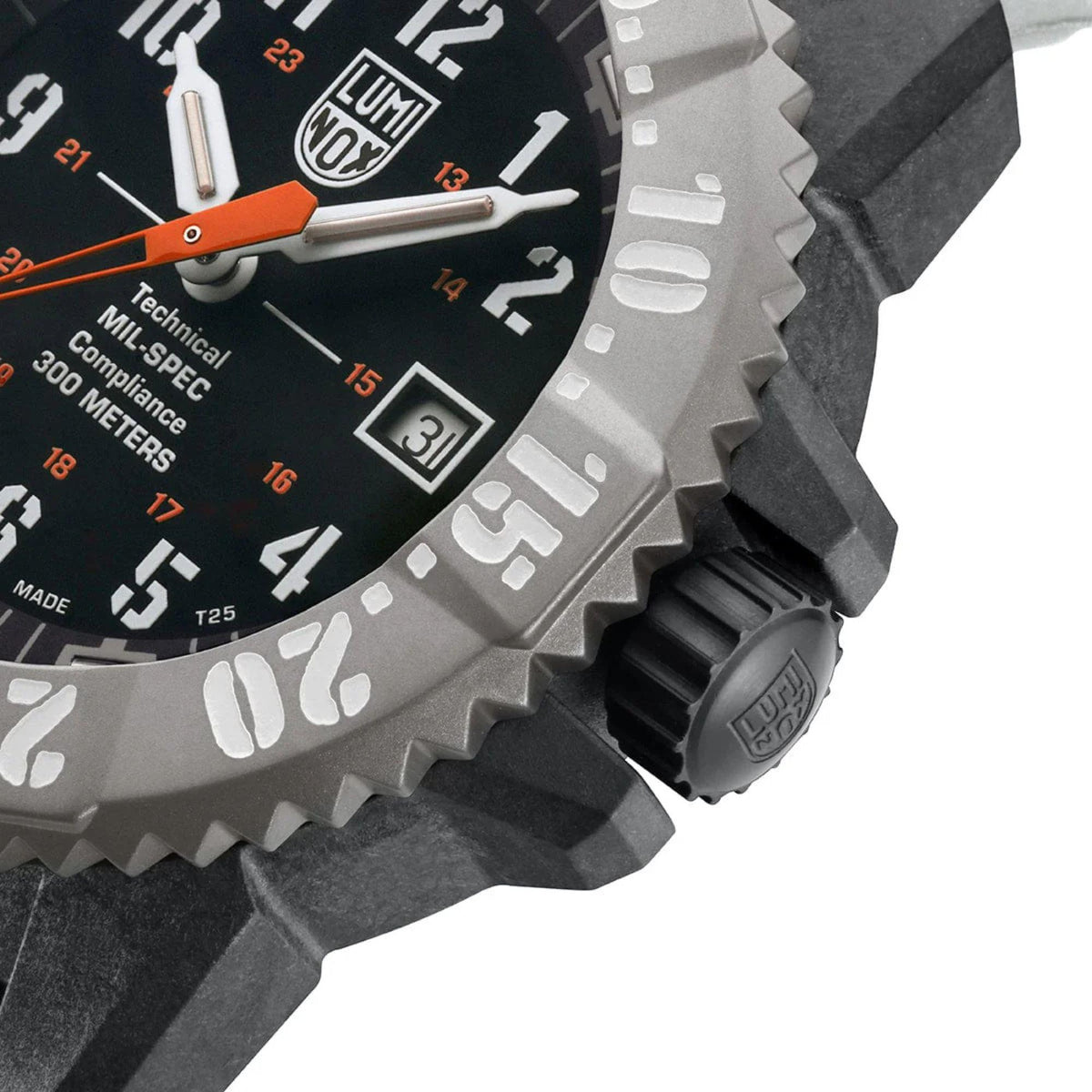 Luminox MIL-SPEC 46mm rugged bezel with black dial and orange-accent minute hand