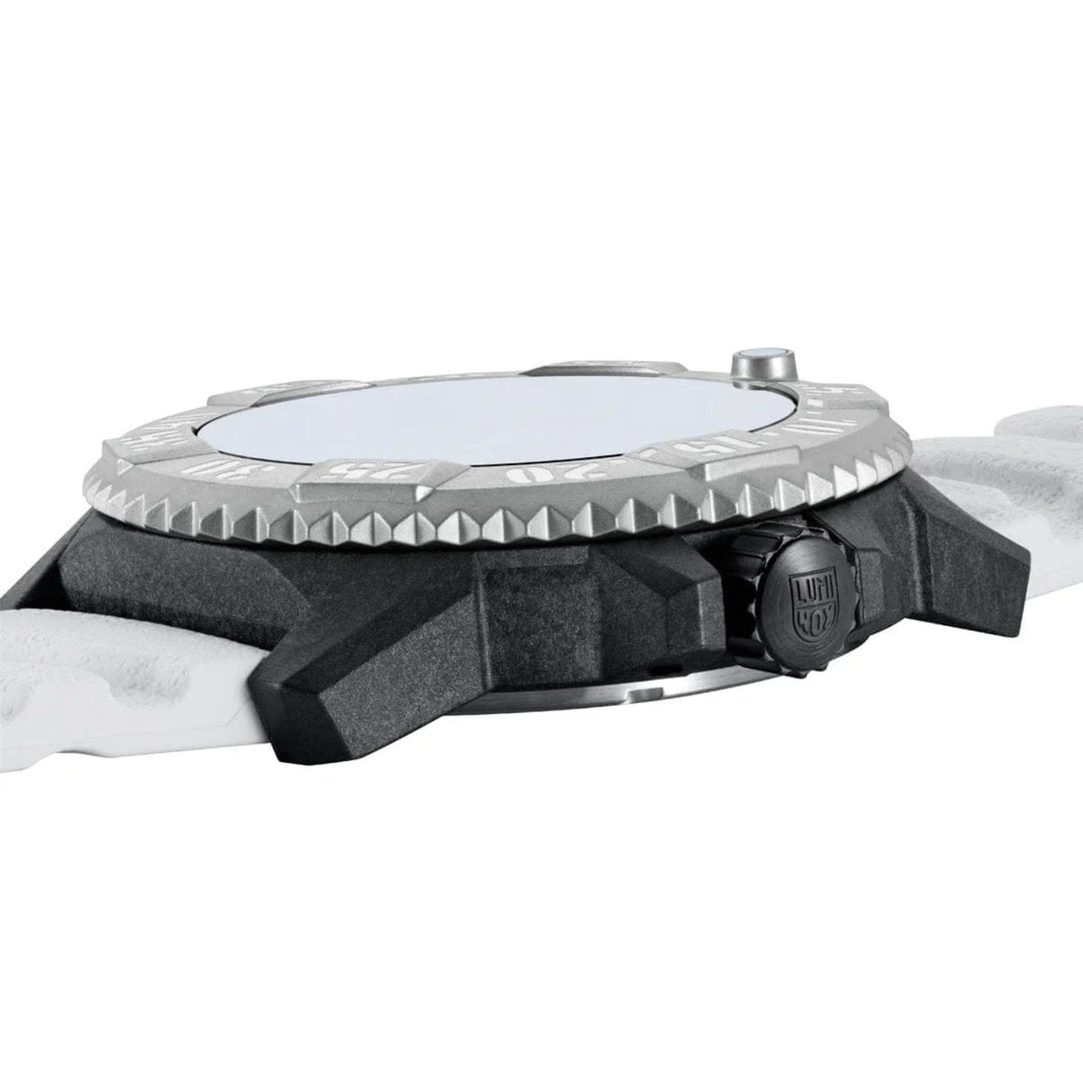 Luminox MIL-SPEC 46mm steel bezel watch with crown and white rubber strap