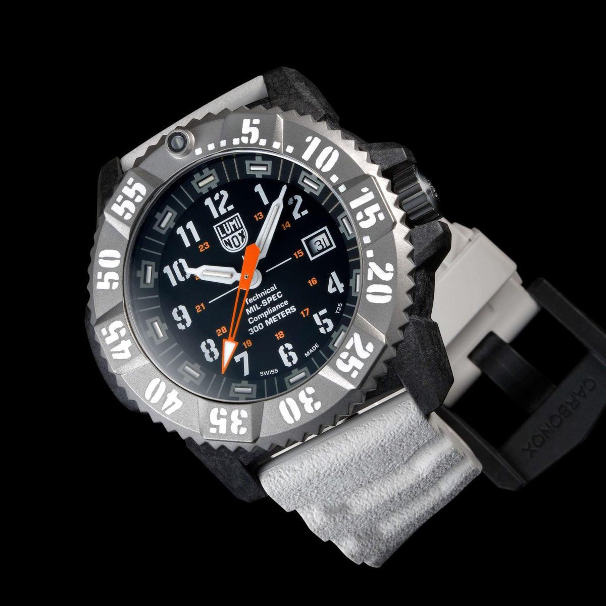 Luminox MIL-SPEC 46mm quartz watch with black dial, orange hands, and gray rubber strap