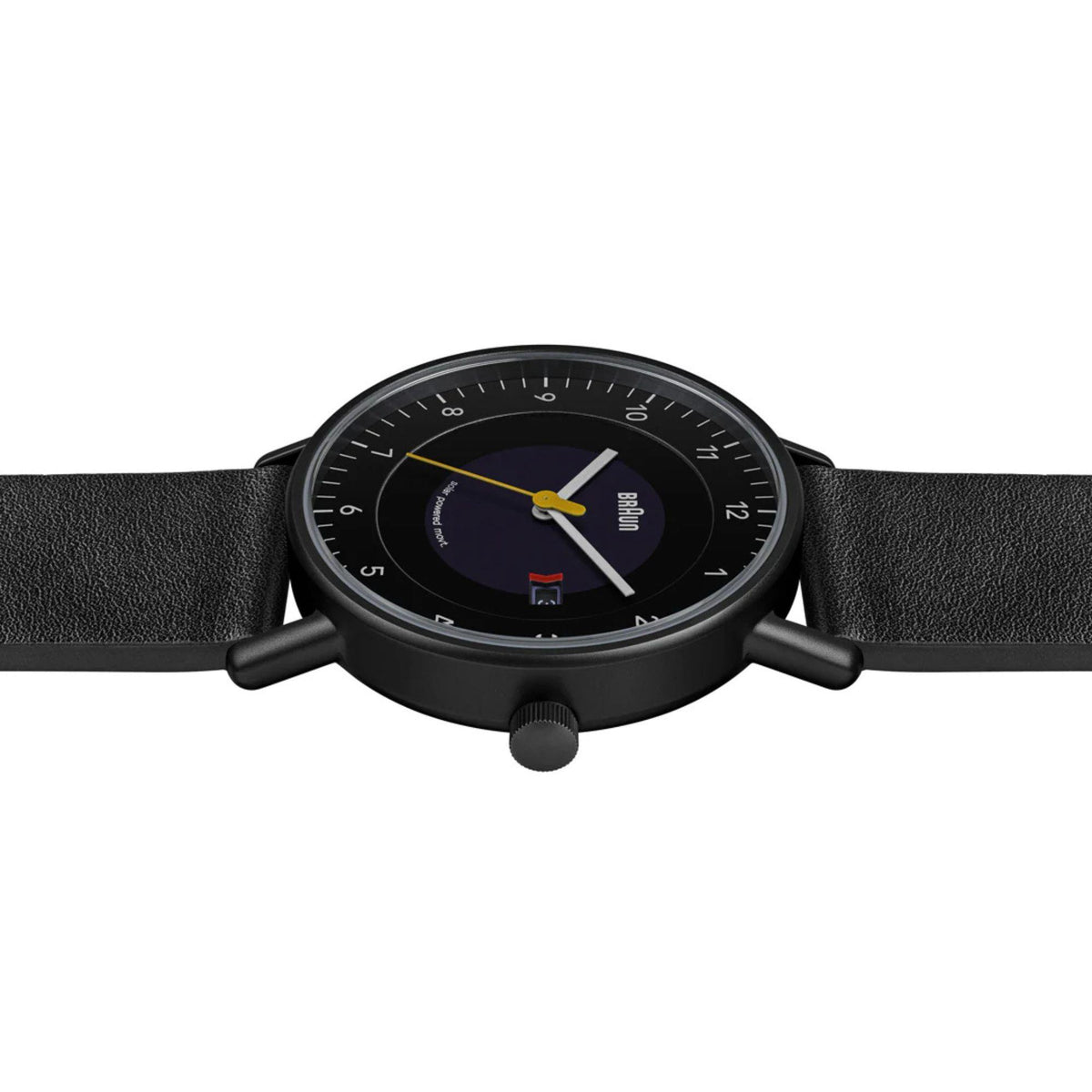 Men's solar powered watch with black dial, crown detail, and black leather strap