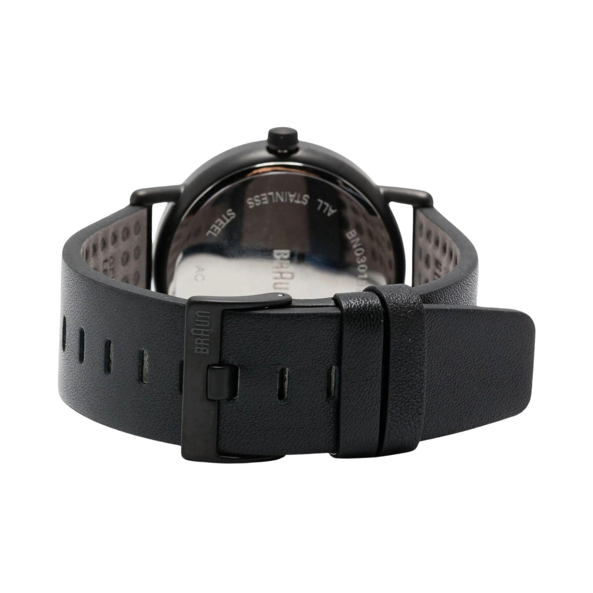 Men's solar powered watch side/back view, black perforated leather strap and buckle