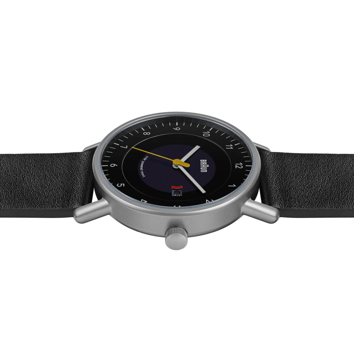 Braun solar-powered men’s watch side view with black dial and black leather strap